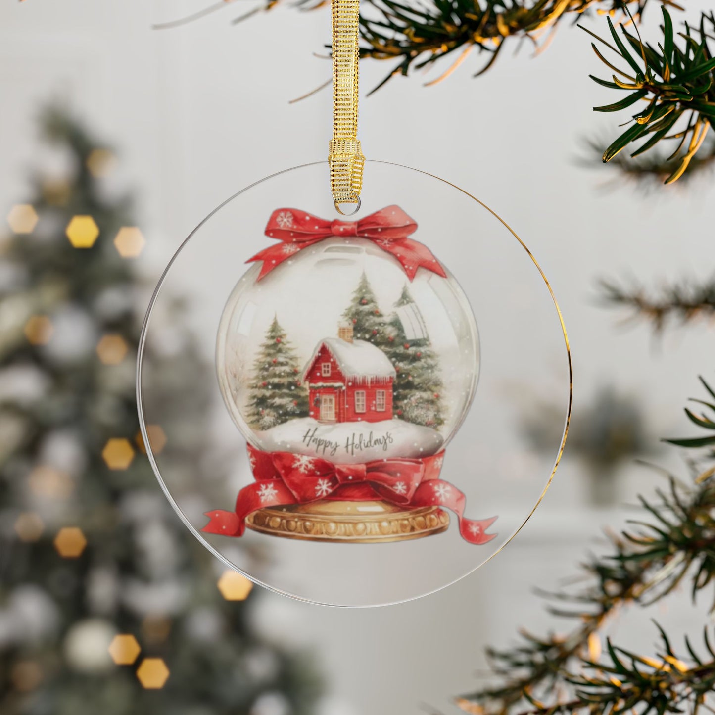 “The Little Red House” - Snow globe Clear Acrylic Ornament