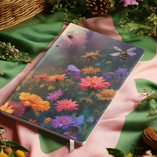 Watercolor Bumblebee and Flowers Hardcover Rule Lined Notebook