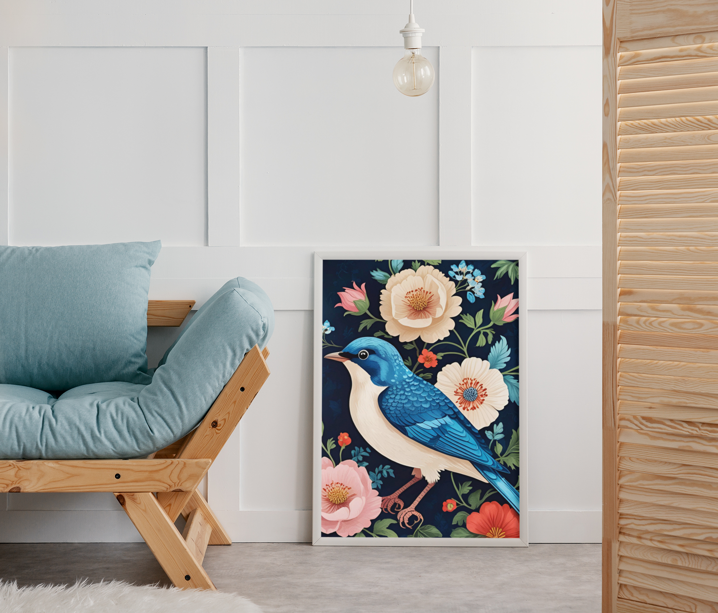 Songbird in Bloom - Blue Bird Satin Poster