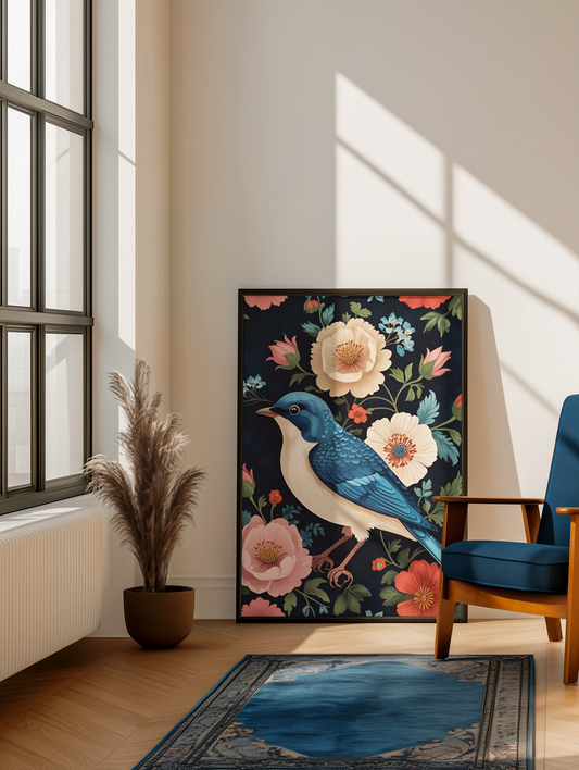 Songbird in Bloom - Blue Bird Satin Poster