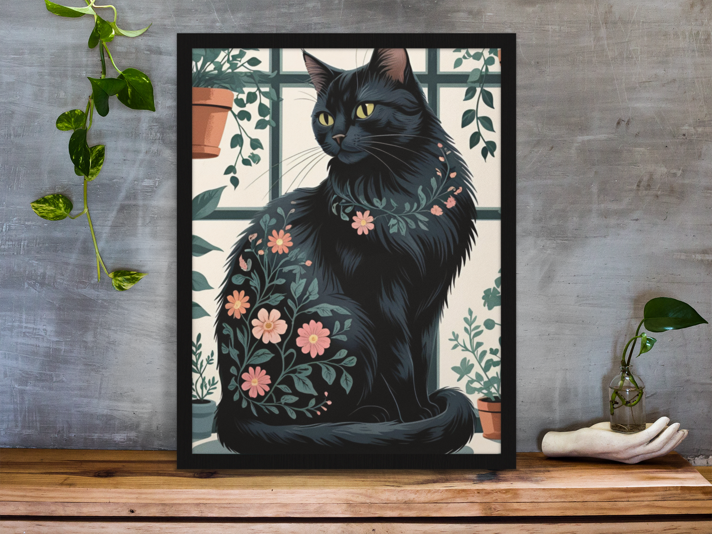 Botanical Purrfection - Floral Black Cat Satin Poster