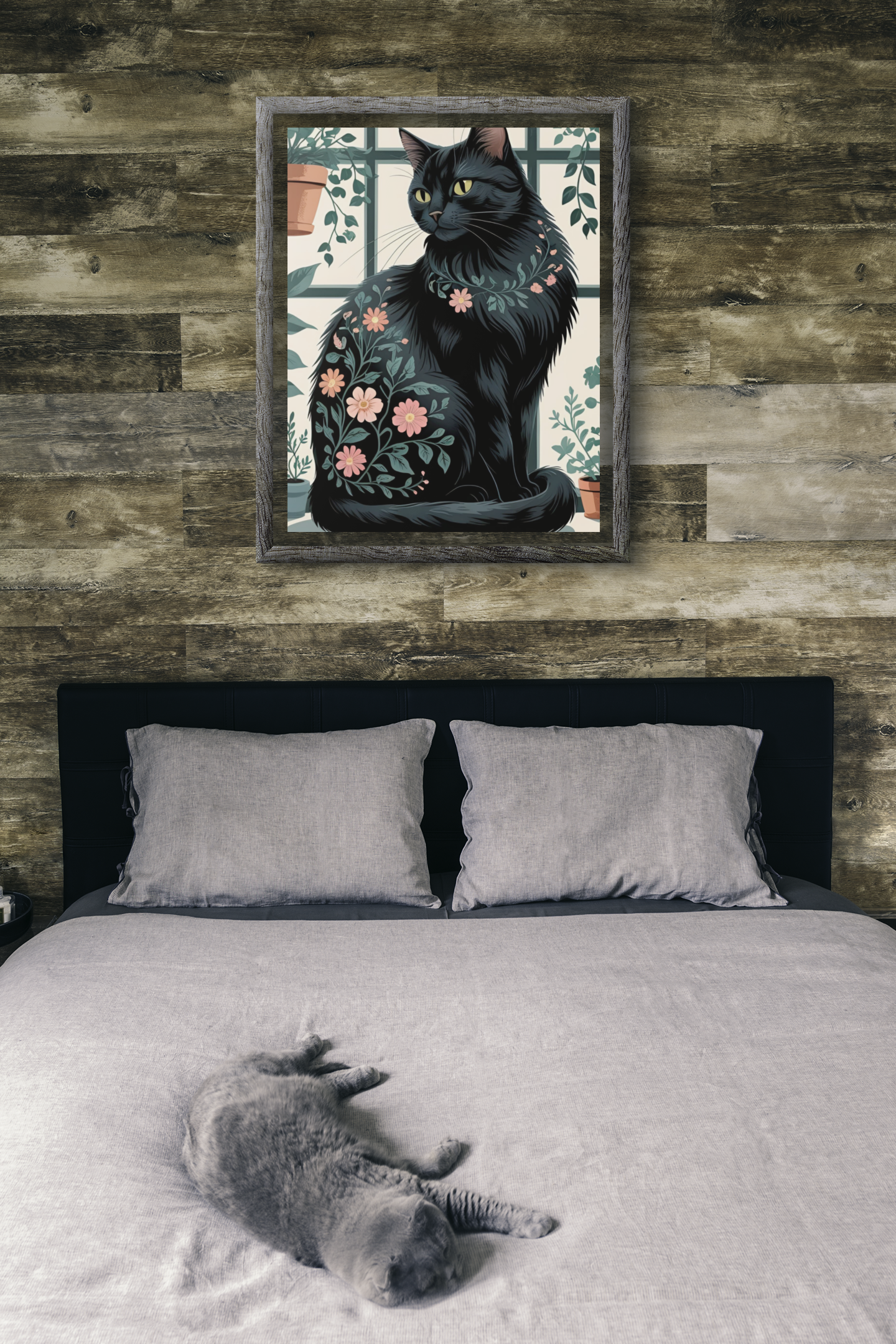 Botanical Purrfection - Floral Black Cat Satin Poster