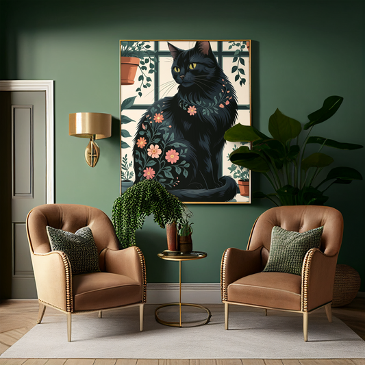 Botanical Purrfection - Floral Black Cat Satin Poster