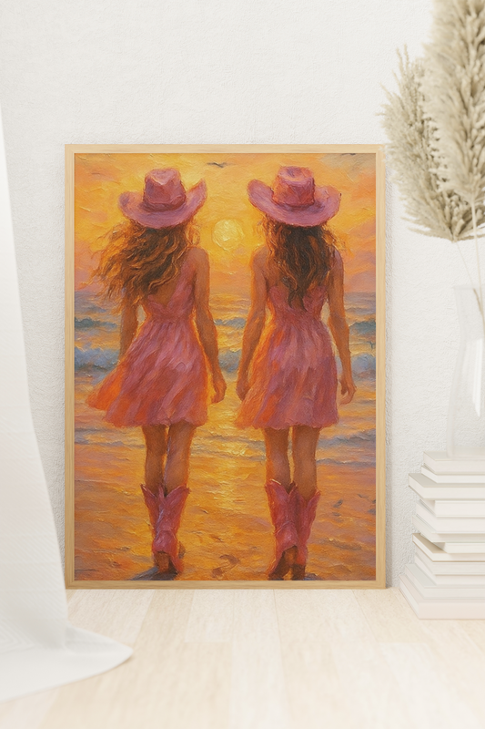 "Pink Boots & Ocean Views" - Cowgirl Satin Poster