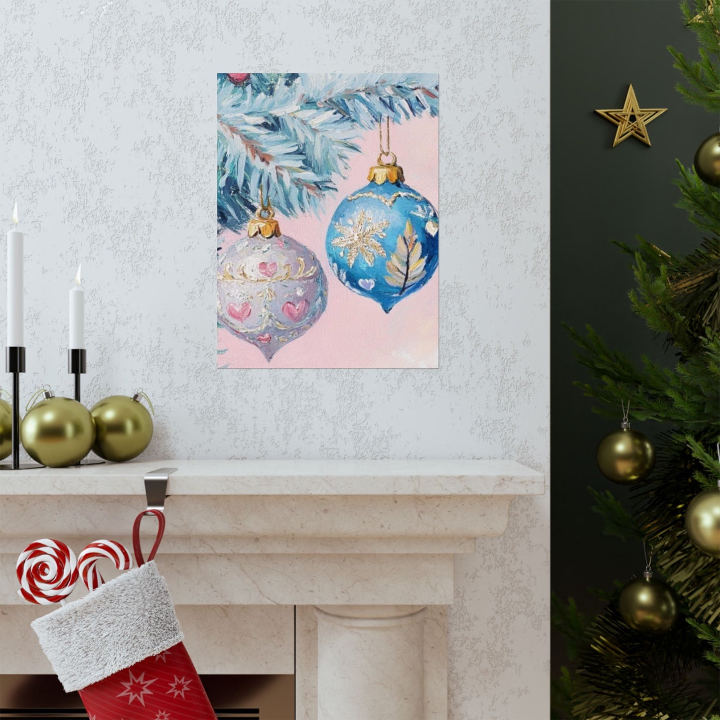 “Pink Blue & Pine” - Ornament Matte Canvas Poster
