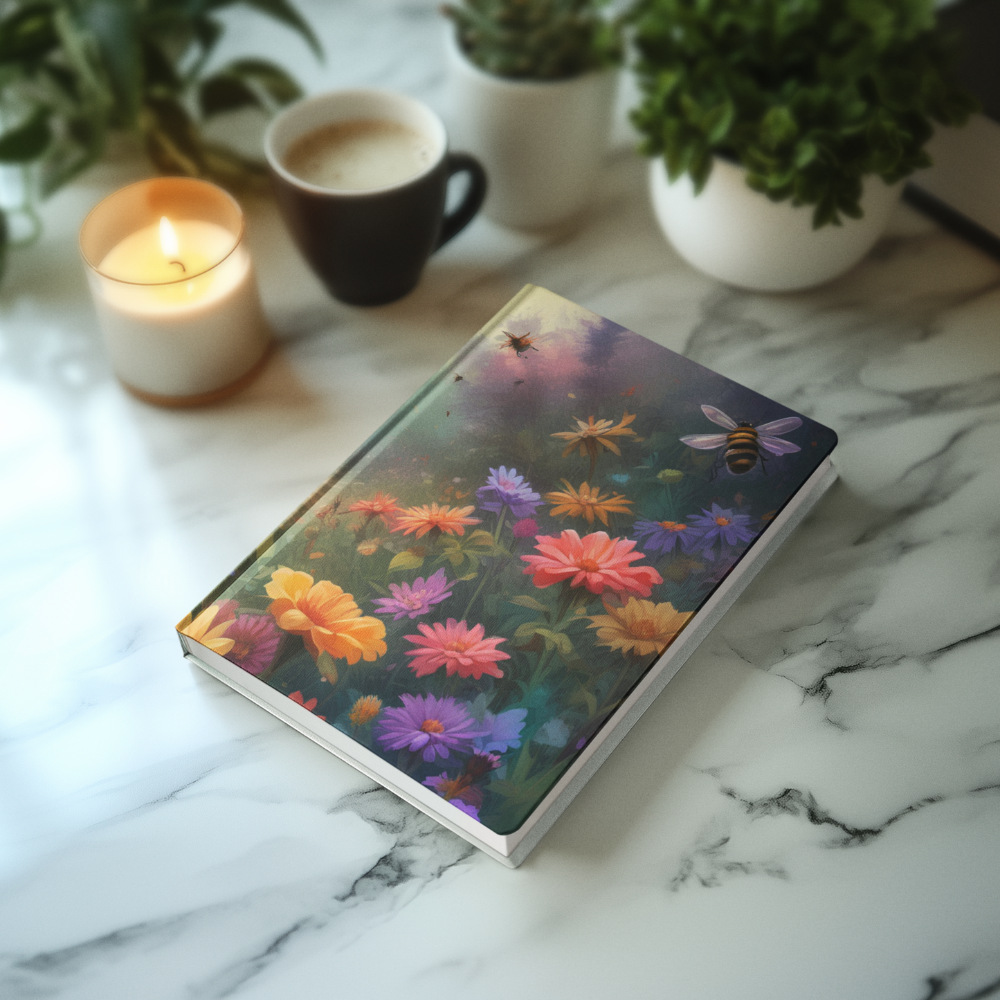 Watercolor Bumblebee and Flowers Hardcover Rule Lined Notebook