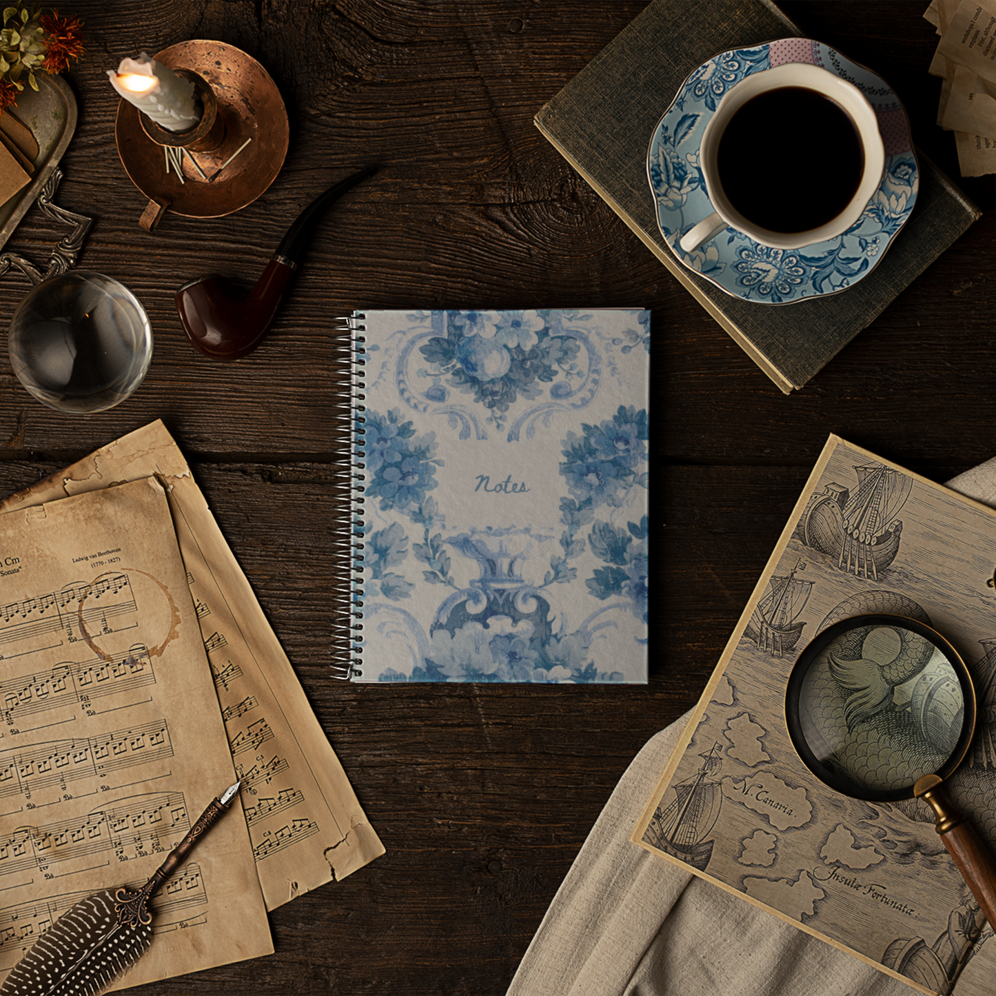 Blue Victorian Elegant Floral Spiral Notebook