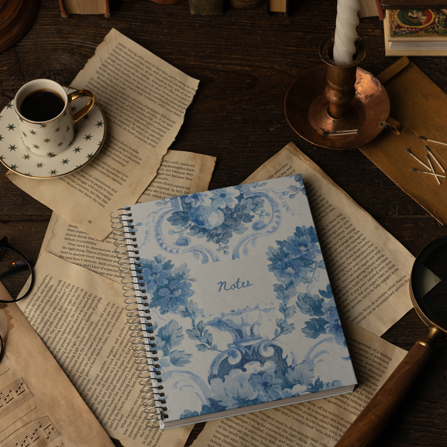 Blue Victorian Elegant Floral Spiral Notebook