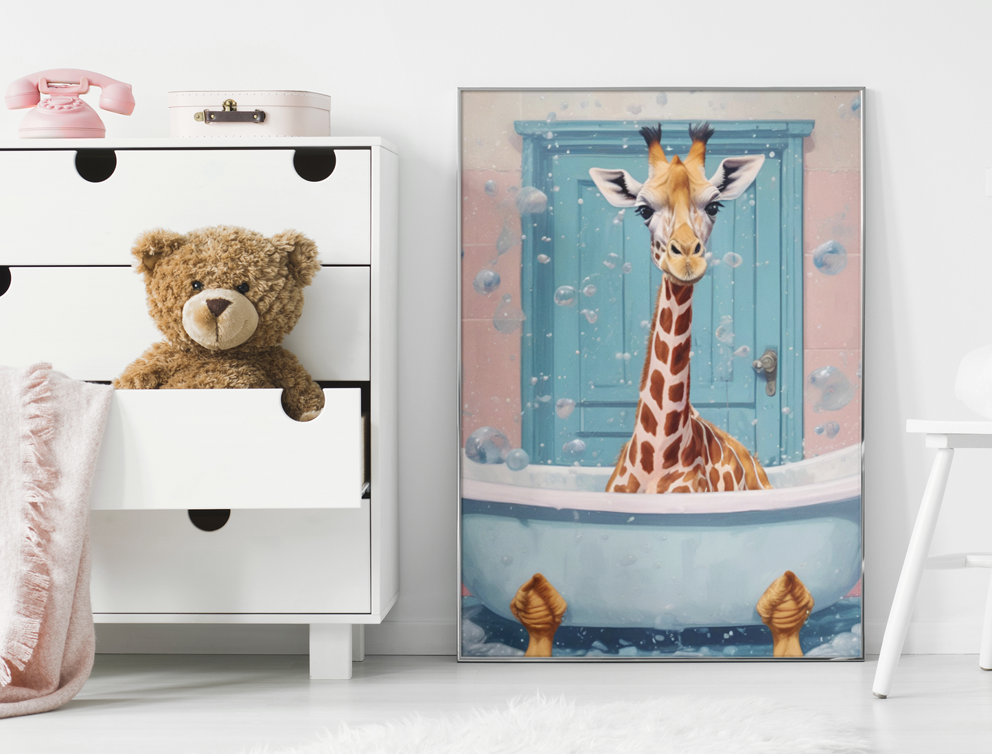 "Splish Splash Giraffetastic!" Satin Poster