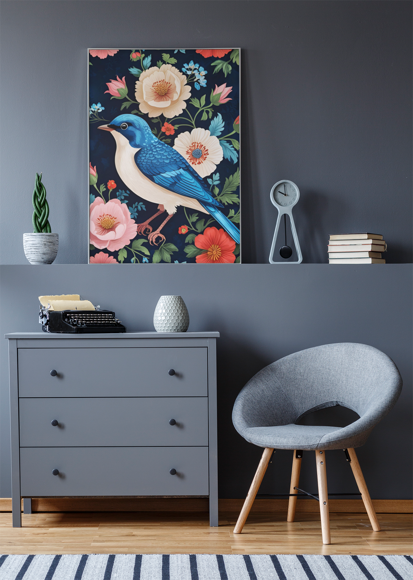 Songbird in Bloom - Blue Bird Satin Poster