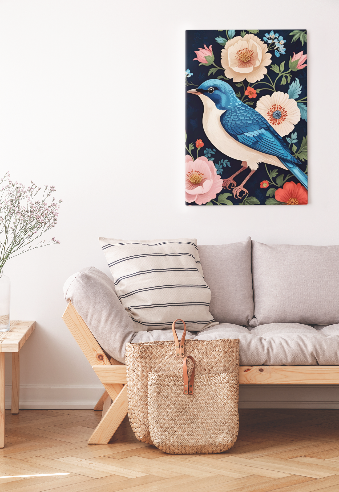 Songbird in Bloom - Blue Bird Satin Poster