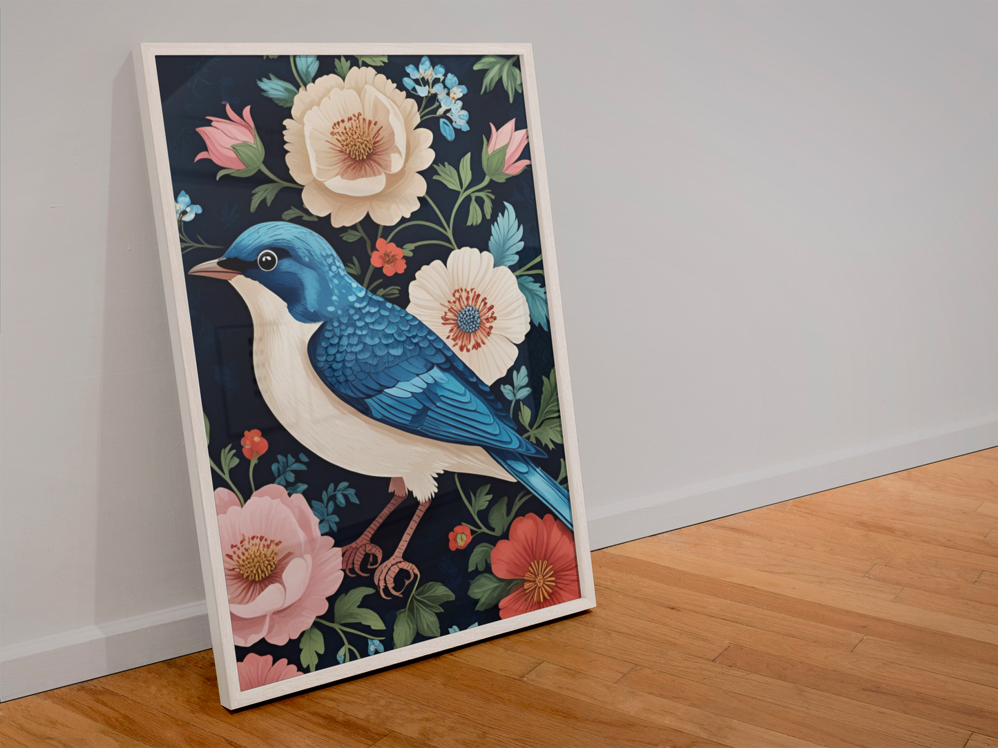Songbird in Bloom - Blue Bird Satin Poster