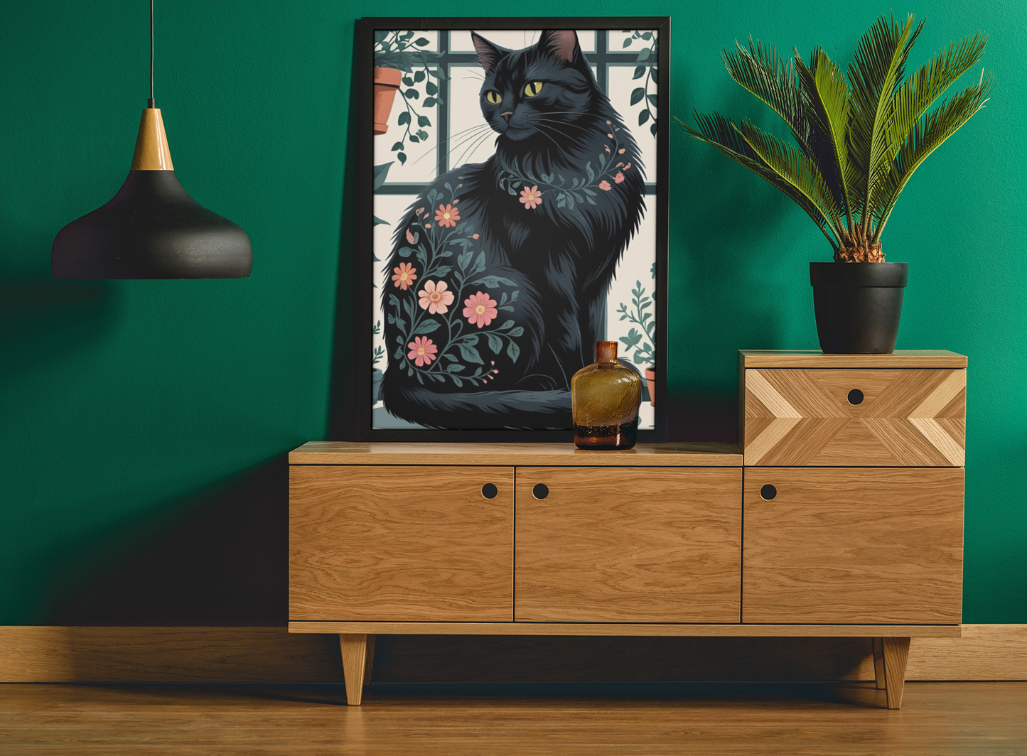 Botanical Purrfection - Floral Black Cat Satin Poster
