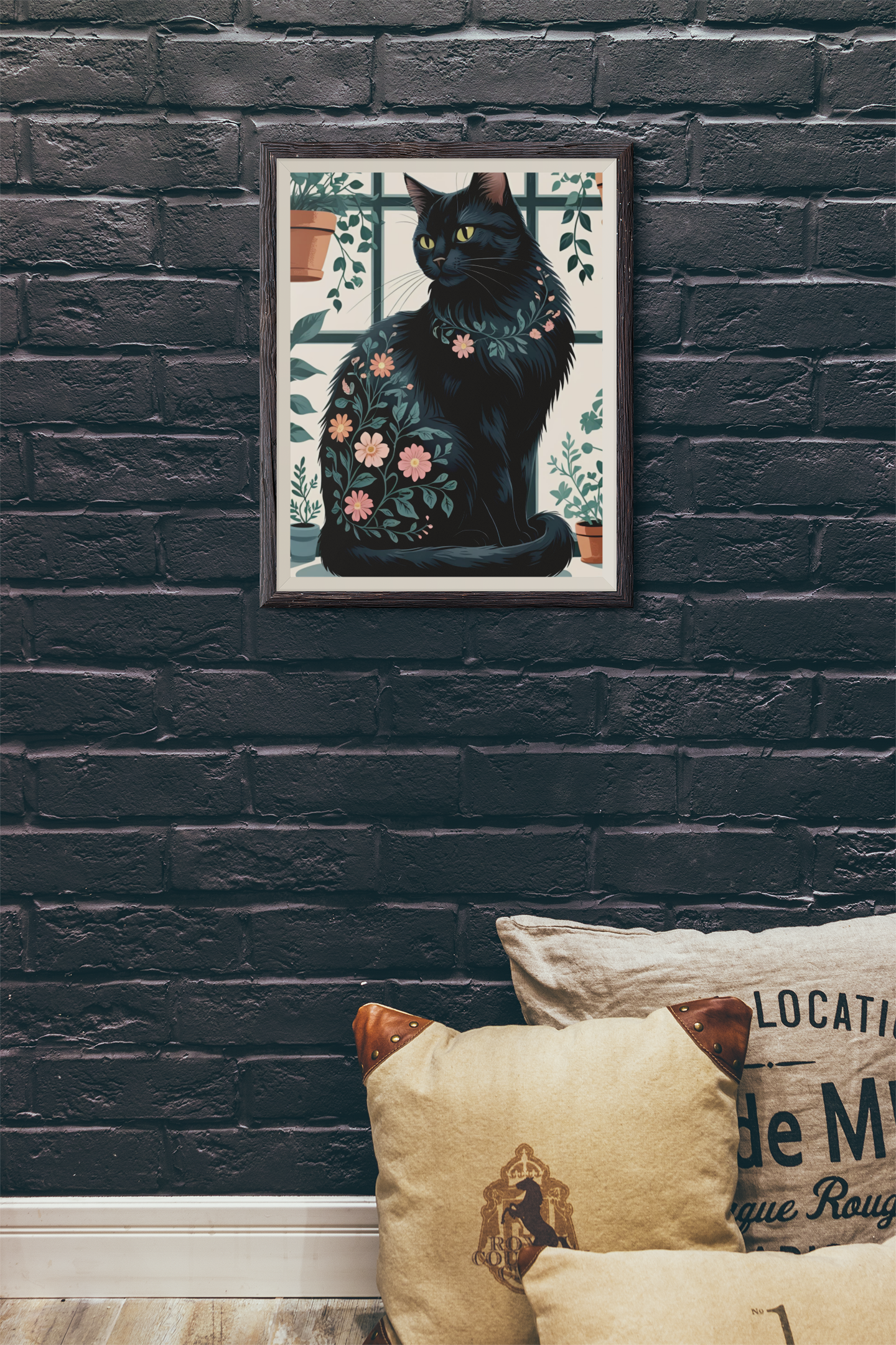 Botanical Purrfection - Floral Black Cat Satin Poster
