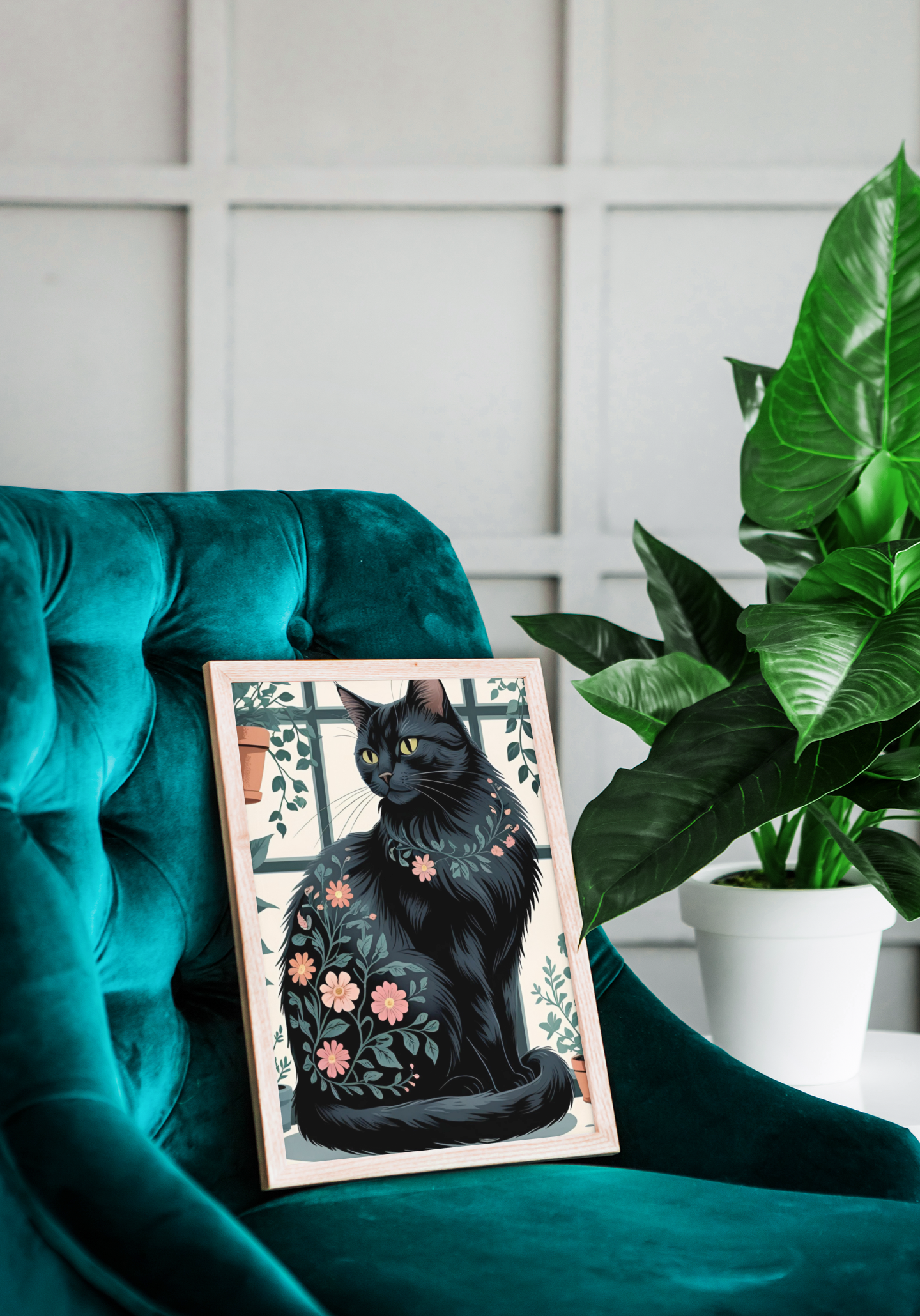 Botanical Purrfection - Floral Black Cat Satin Poster