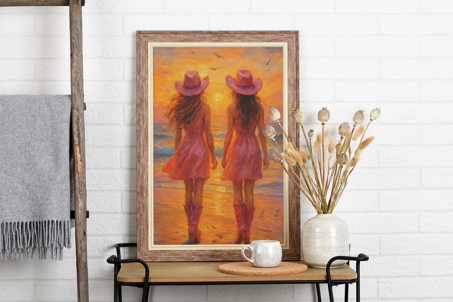 "Pink Boots & Ocean Views" - Cowgirl Satin Poster
