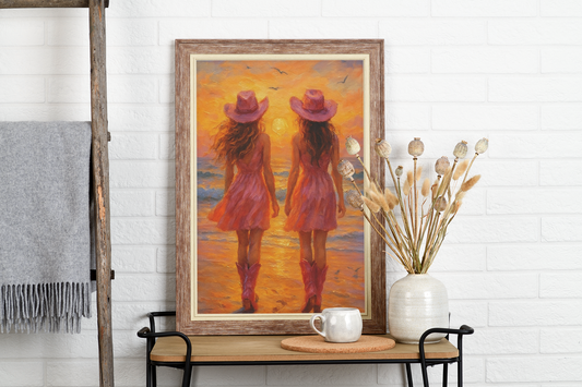 "Pink Boots & Ocean Views" - Cowgirl Satin Poster