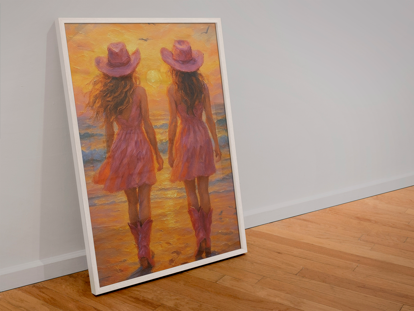 "Pink Boots & Ocean Views" - Cowgirl Satin Poster