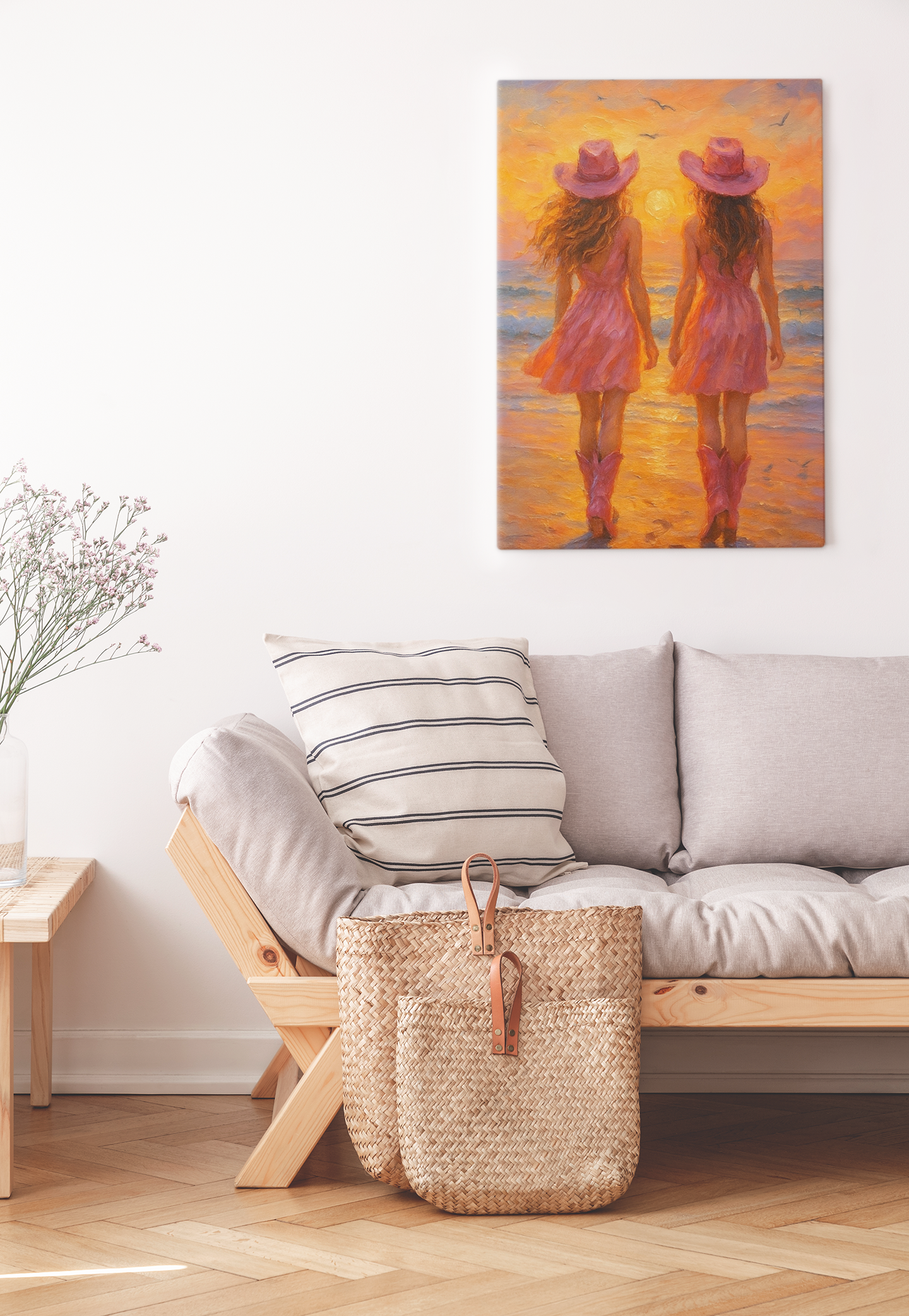 "Pink Boots & Ocean Views" - Cowgirl Satin Poster
